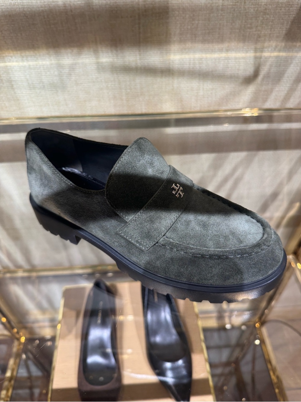 Tory Burch Everly Platform Chunky Loafer Shoe- Green Suede
